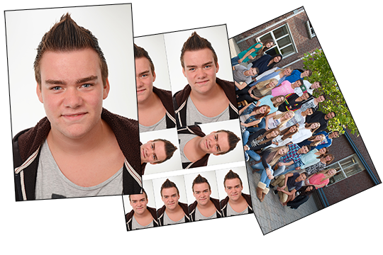 fotopakket in het voortgezet onderwijs / middelbare school. Voordelig fotopakket van portretfoto met groepsfoto en 1 combivel.